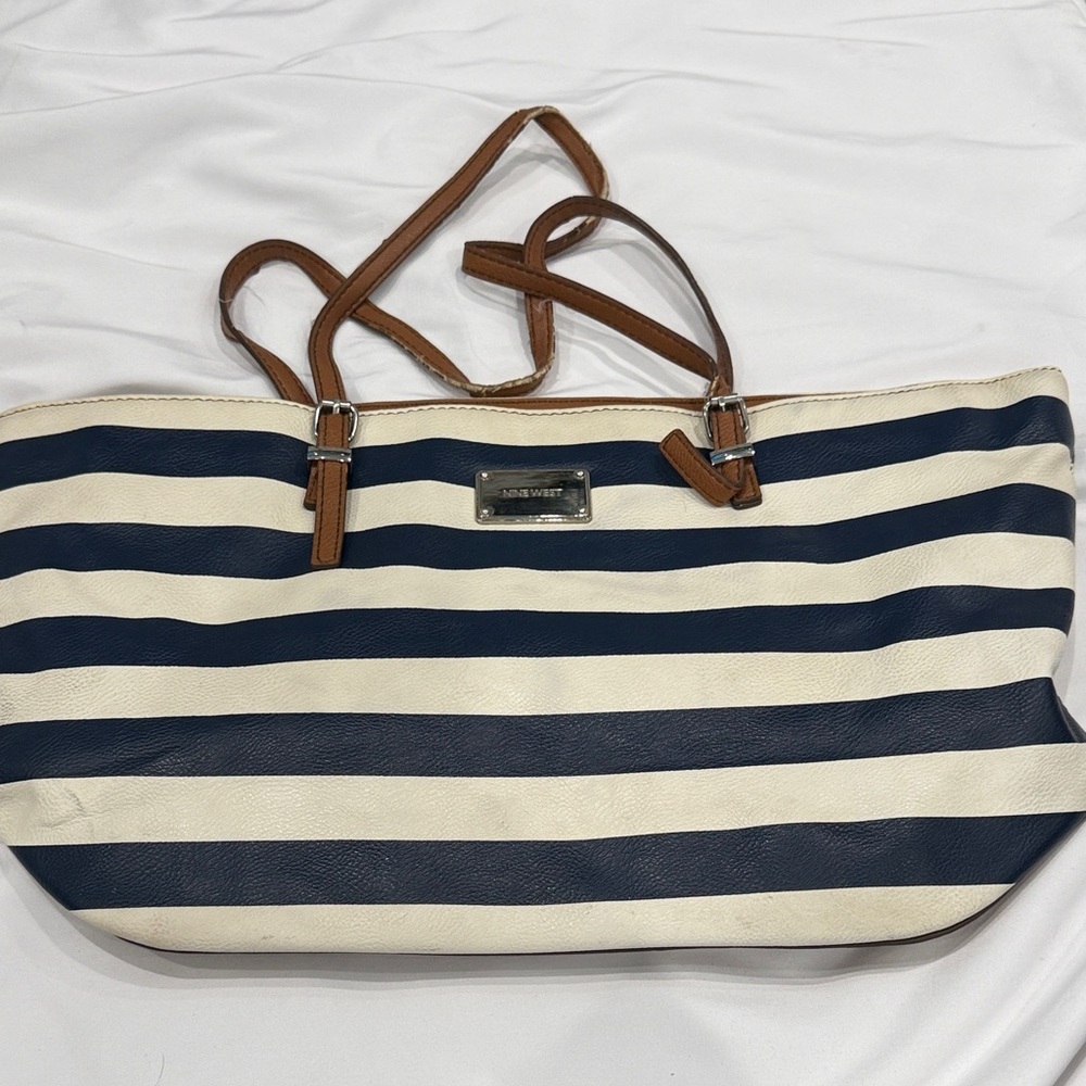 Nine West Navy and Cream Striped Tote